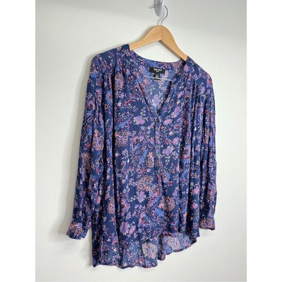 Nine West Jeans Shirt Womens Floral Long Sleeve Purple Blouse High Low Size Larg - Picture 2 of 6